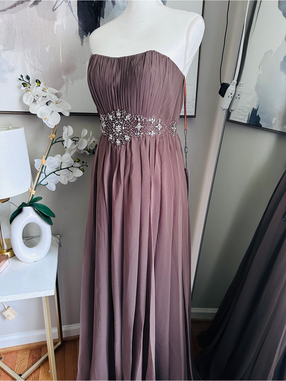 Strapless Pleated Chiffon Evening Dress with Beaded Waist in Dusty Mauve